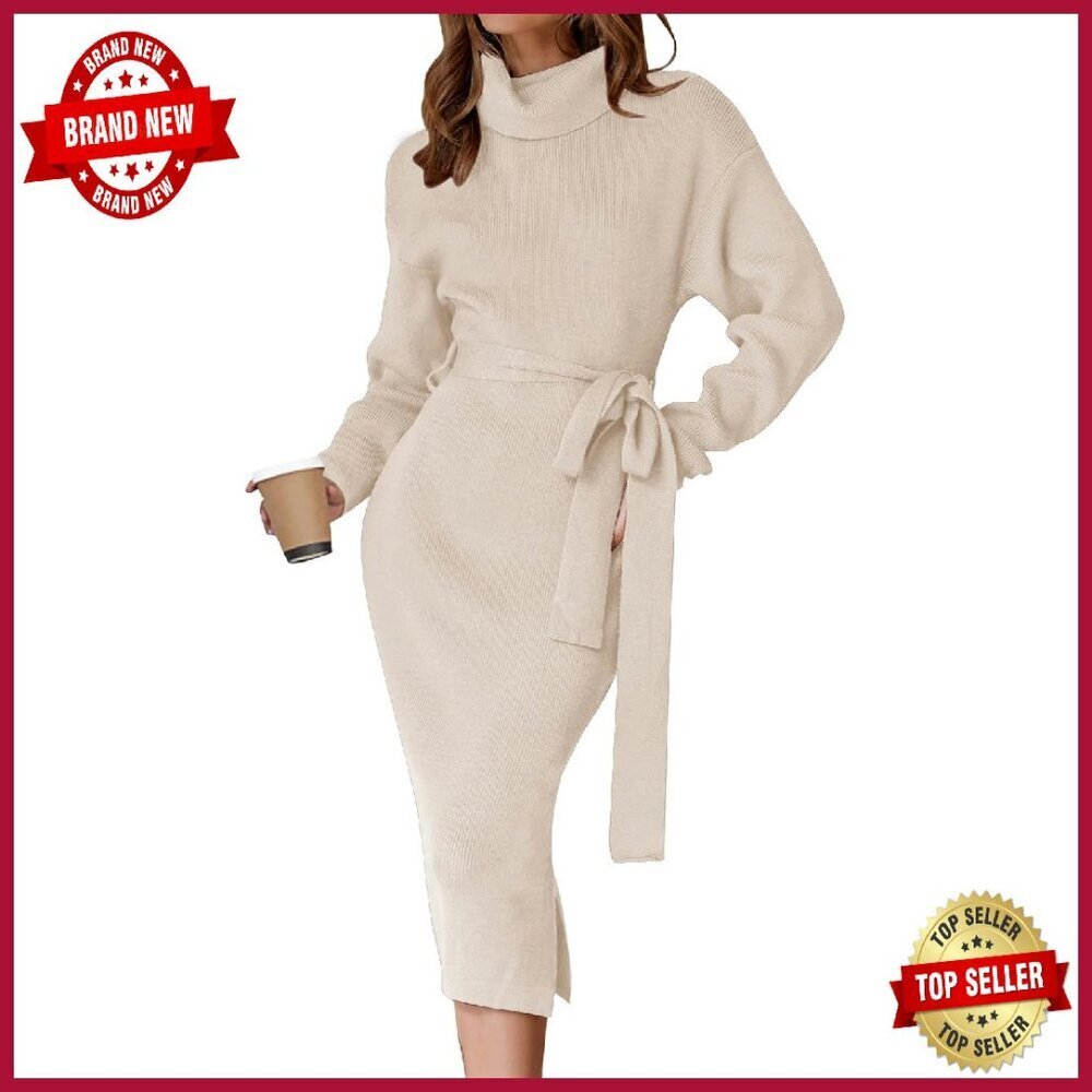 Ribbed Knit Turtleneck Sweater Dress Bodycon Midi Slit Belt